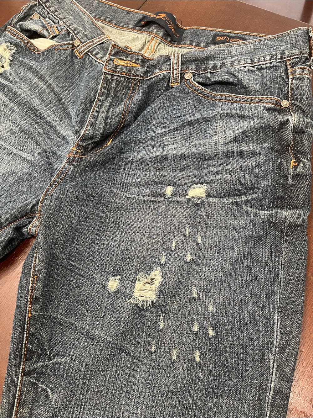 Seven7 Men's Faded Blue Straight Jeans with Distressed Detailing